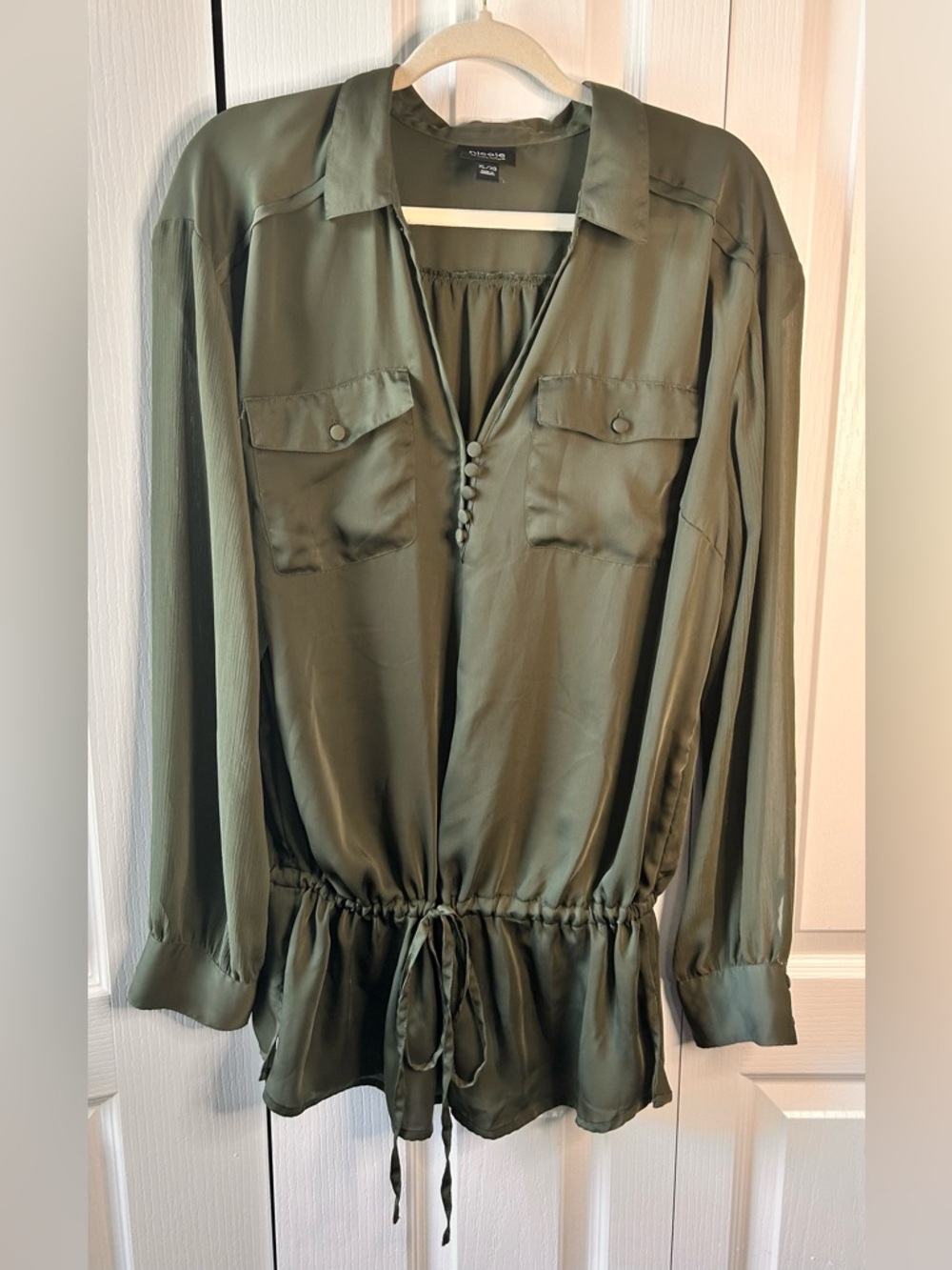 Nicole Miller Women’s XL Olive Green Satin Drawstring Sheer Long Sleeve Blouse